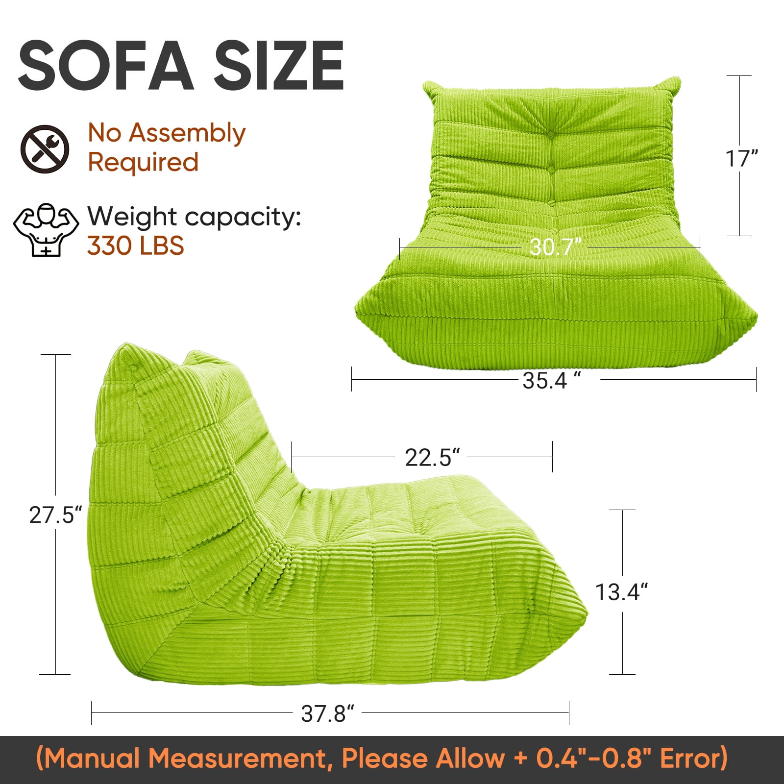 Alvantor Bean Bag Chair, Armless Lazy Sofa with Memory Foam and Soft Corduroy for Living Room Bedroom Reading Gaming