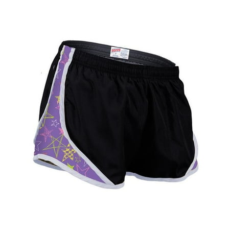 Side Mesh Insert - Girls Shorts with Printed Mesh Side Inserts, Black & Grape Stars - Extra Large