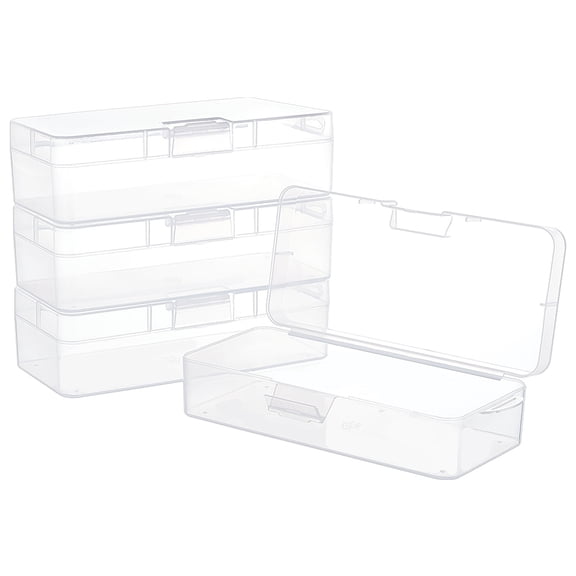 4 Packs Rectangle Plastic Container Box 7x3x1.8inch Clear Storage Organizer with Hinged Lid and Hanging Hole Small Craft Accessories Office