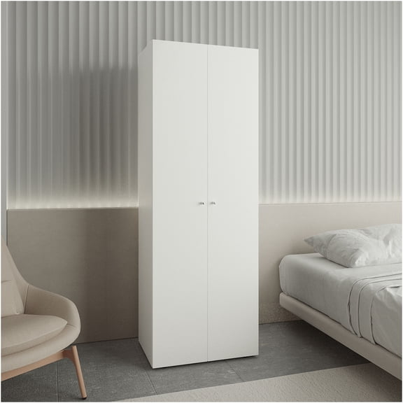 JERFIT White 2 Door Wardrobe Closet with Hanging Rod and Shelf, Freestanding Storage Cabinet for Bedroom, Modern Armoire Organizer