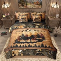 Homewish Wild Moose Deer 7 Pieces Bedding Comforter Set,Rustic Plant Leaves Full Bedding Set,Brown Black Fitted Sheet Flat Sheet For Boys Kids,Luxury Bedroom Decor Reversible