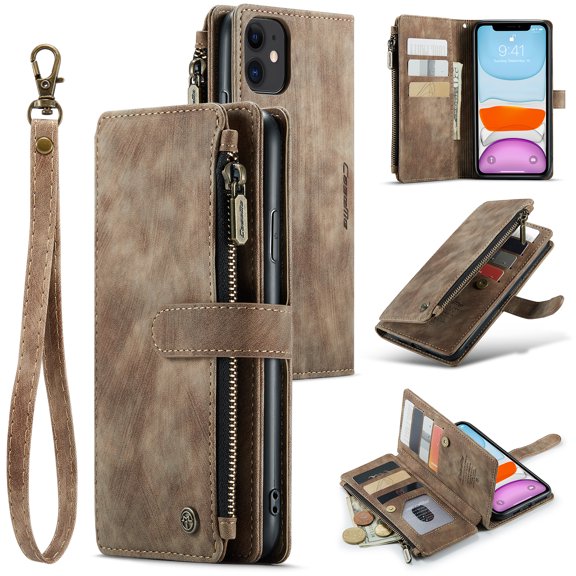 for iPhone 11 Case Wallet for Women and Men, iPhone 11 Case, PU Leather Magnetic Flip Strap Wristlet Zipper Card Holder Wallet Business Phone Cover for iPhone 11, Brown