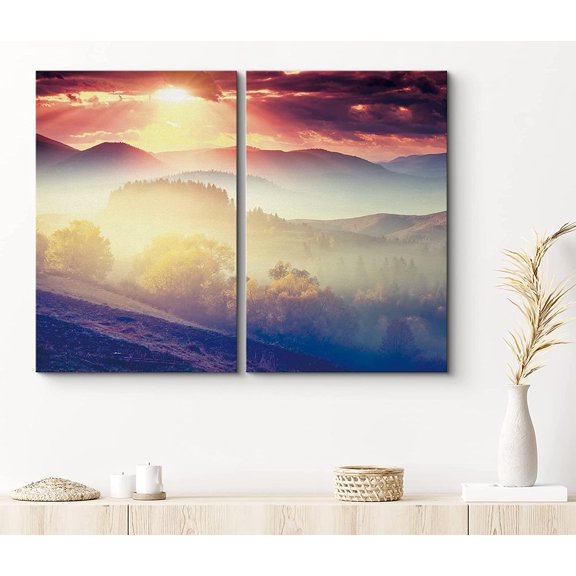 PixonSign Canvas Print Wall Art Sunlight Through Mountain Fog Nature Wilderness Photography Realism Contemporary Landscape Colorful Multicolor Ultra for Living Room, Bedroom, Office - 16"x24"x2