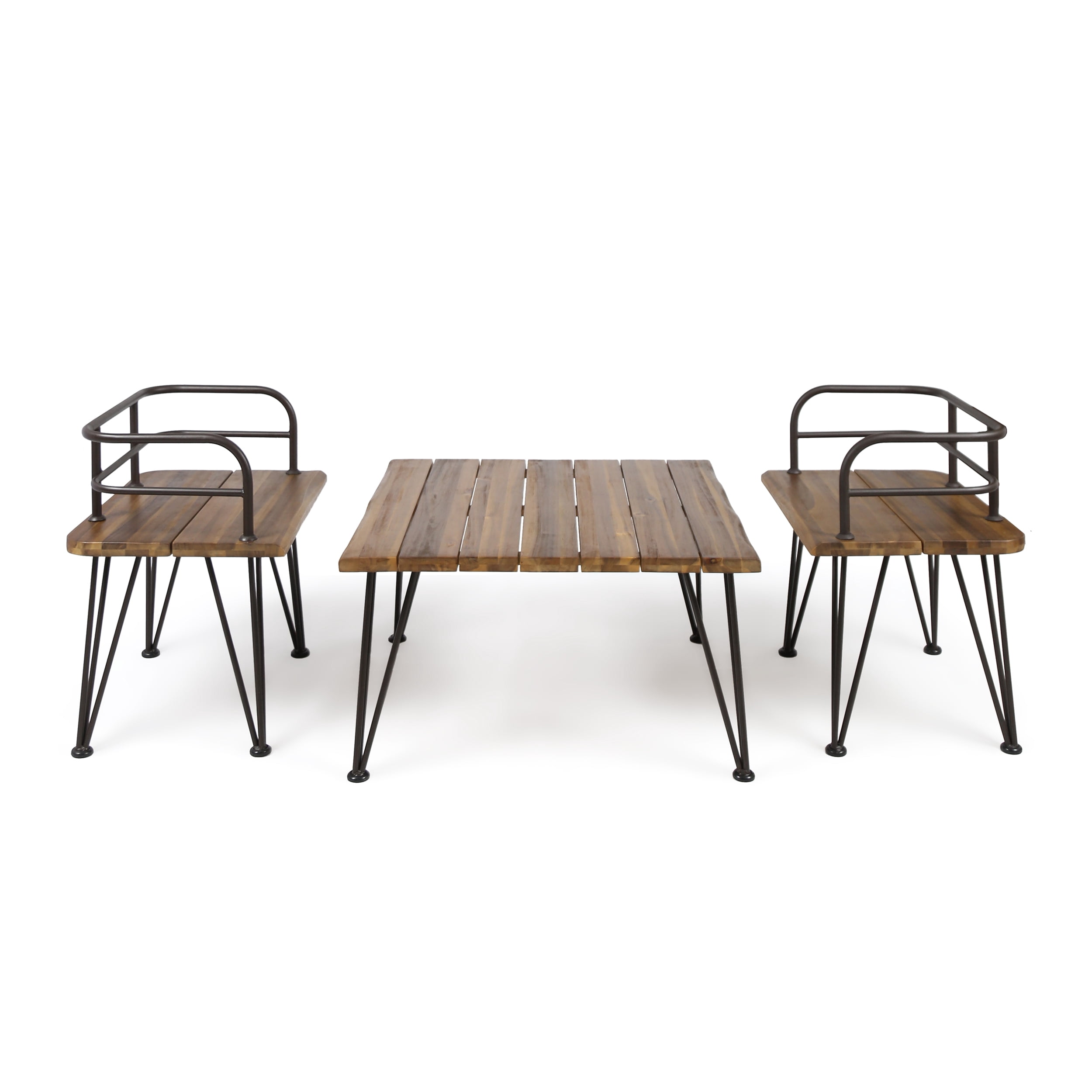 Outdoor Industrial 3 Piece Acacia Wood Coffee Table Chat Set with Iron Frame,Rustic,Teak