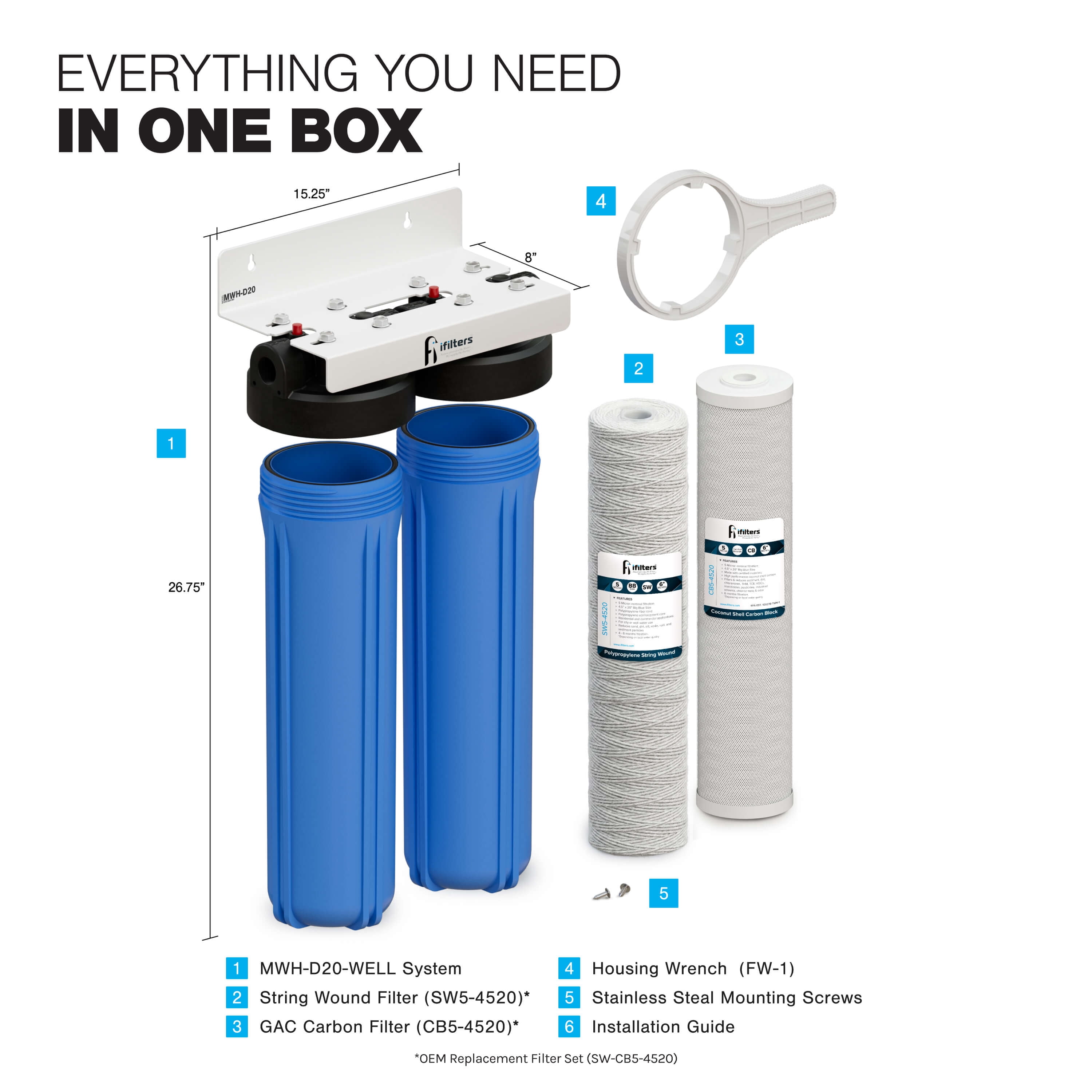 Whole House Filtration System 20" Dual Stage Commercial Grade Sediment Chlorine Taste Odor VOCs 1" Port