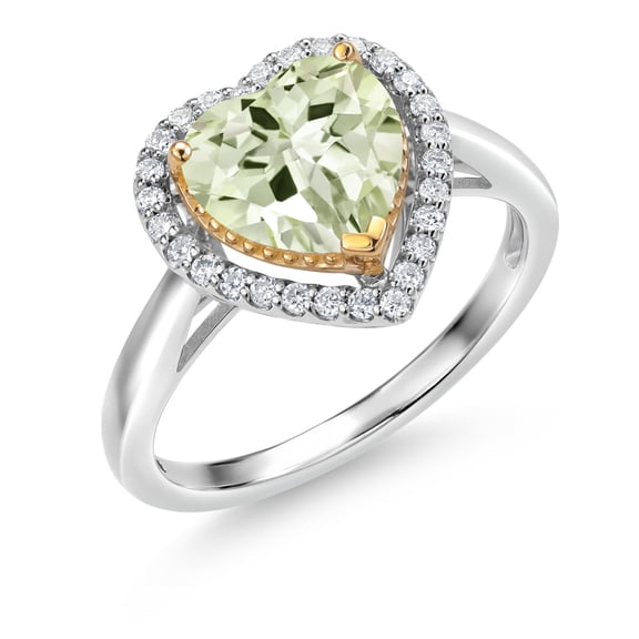 Gem Stone King 1.95 Ct Green Prasiolite G/H Lab Grown Diamond 925 Silver and 10K Yellow Gold Ring (Size 8)