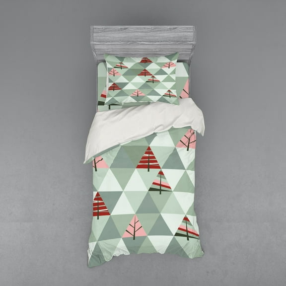 Ambesonne Tree Bedding Set 3 Pcs, Illustration of Triangles, Twin, Coral and Reseda Green