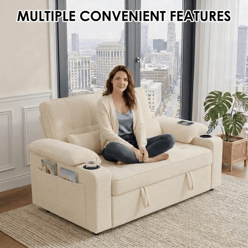 Howcool 58'' Convertible Sofa Bed with Pull-Out Bed, 3-in-1 Loveseat Sleeper Sofa, Adjustable Backrest, USB Port, Cup Holders and Side Pocket, Sofa Couch for Living Room,Beige