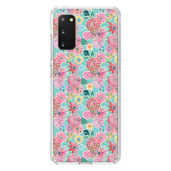 DistinctInk Clear Shockproof Hybrid Case for Galaxy S20 PLUS / 5G (6.7" Screen) - TPU Bumper, Acrylic Back, Tempered Glass Screen Protector - Preppy Pattern - Pink Flowers on Teal Background