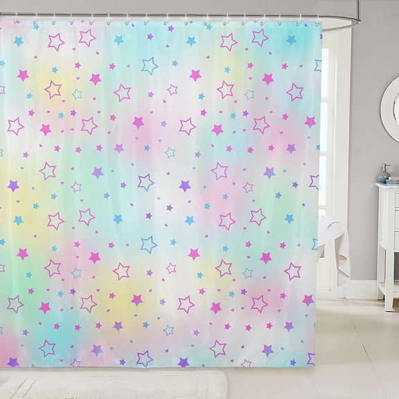 Manfei Dreamy Watercolor Stars Shower Curtain 72Wx72L,Kawaii Cartoon Theme Bathroom Curtain,Multicolor