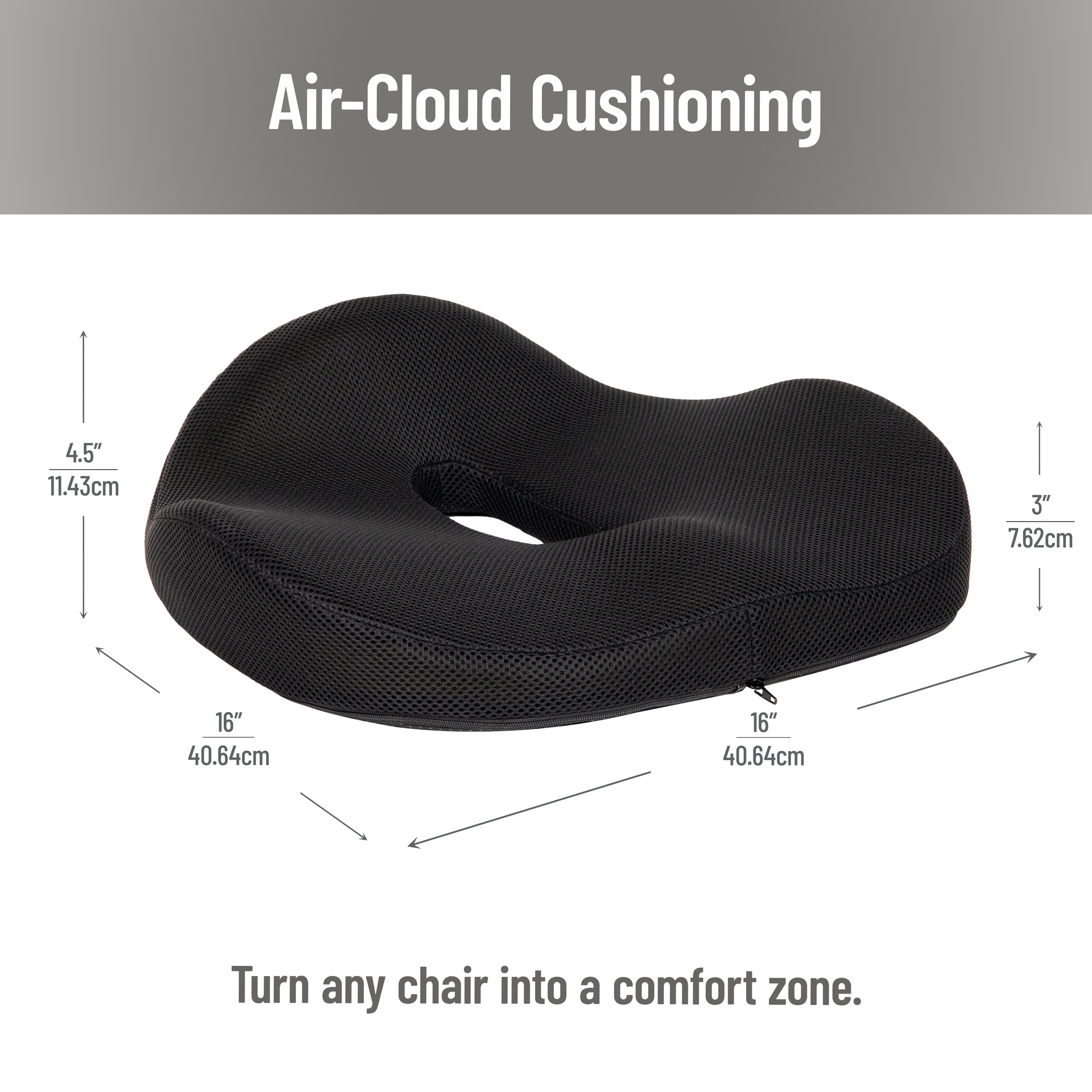 Mind Reader Donut Pillow with Air-Cloud Technology, Ergonomic Memory Foam Seat Cushion for Tailbone, Hemorrhoid, Pregnancy & Lower Back Pain Relief, Washable Cover, Black