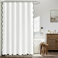 thumbnail image 4 of 90" Long Scalloped Shower Curtain Linen Textured with 12 Metal Hooks Cute Extra Long Heavy Duty Washable Waterproof Cloth Shower Curtains with Black Border for Bathroom Hotel Bathtub,White, 4 of 12