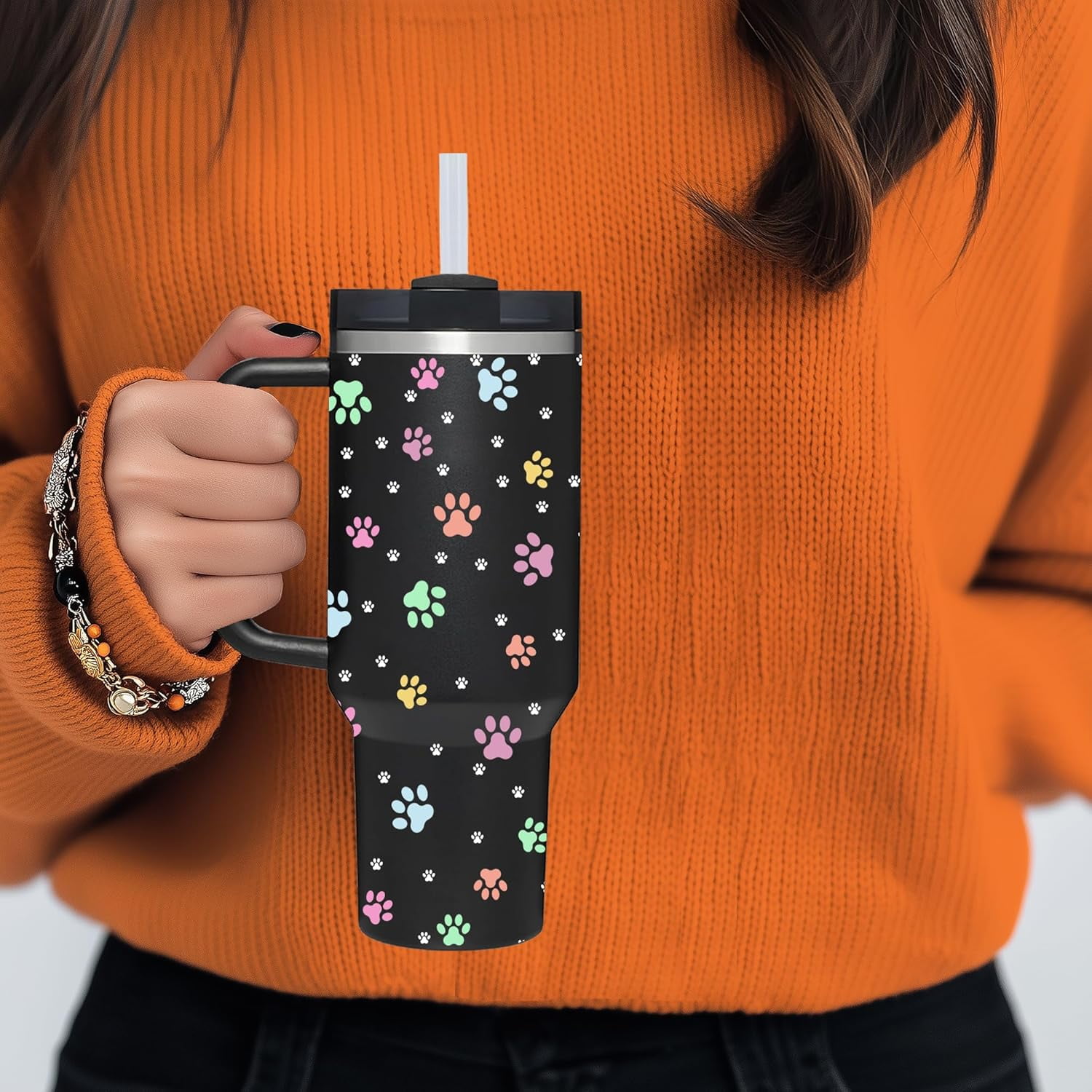 40 OZ Paw Tumbler with Handle.Dog Cat Lover Paw Gifts.Unique Birthday Christmas Gifts for Dog Cat Paws Lover.Personalized 40 OZ Paws Tumbler Gifts for Women Men.