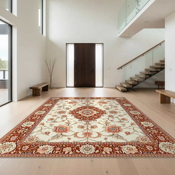 Design&I 8'x10' Washable Area Rug Sleek Flatweave Pet Friendly Orange Burnt Vintage Scroll Border Ornate Decorative Terracotta for King Size Bedroom, Under Bed