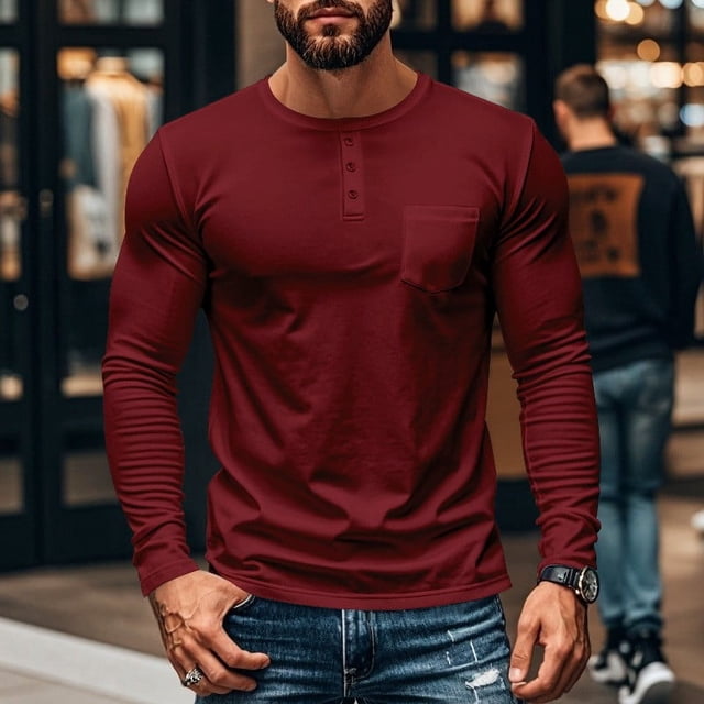 pstuiky camisa de manga larga para hombre, Camisas casuales de color liso con botones y bolsillos para hombre, de manga larga y cuello redondo camisetas de hombre m
