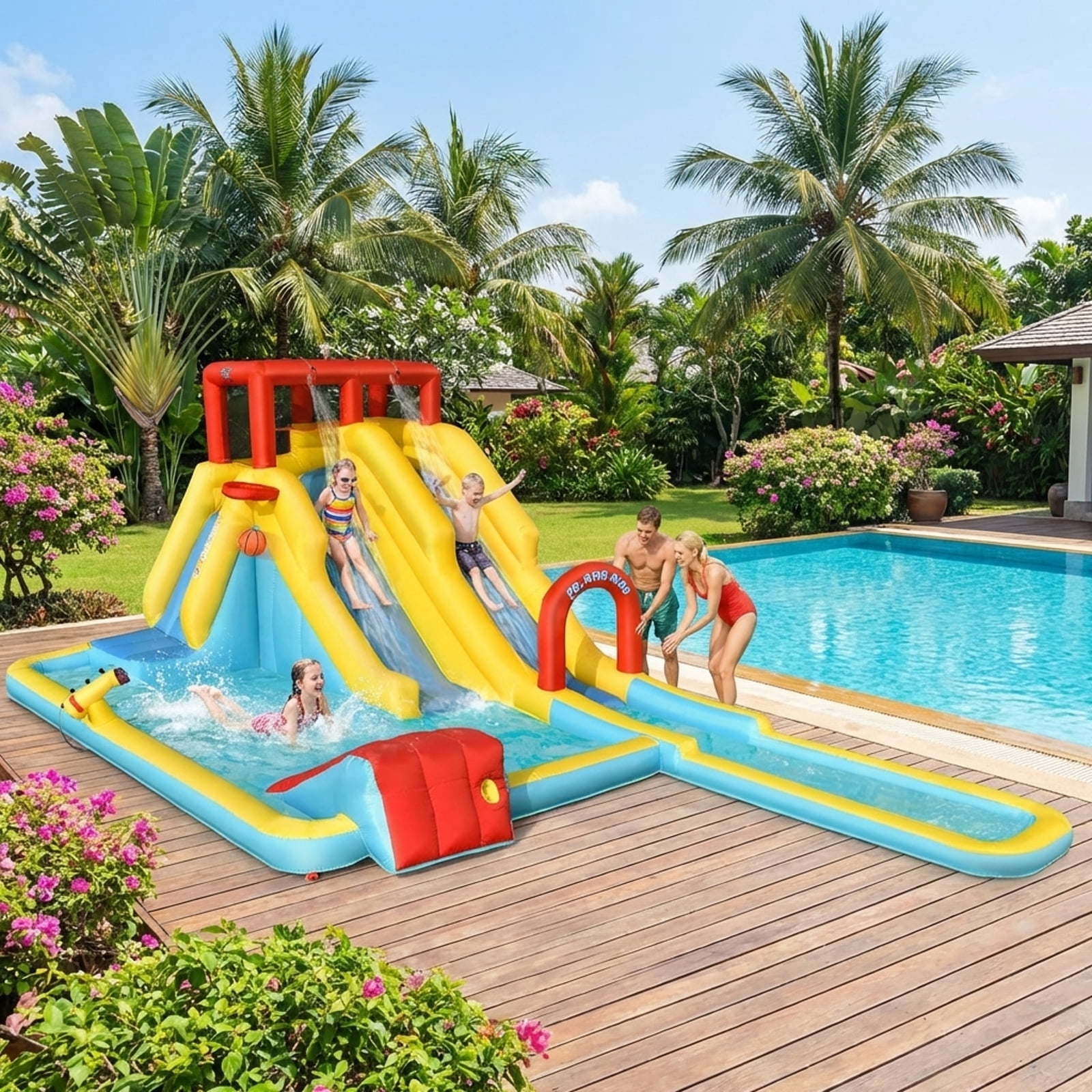 Redsmile 7-in-1 Inflatable Dual Slide Water Park Bounce House Without Blower - Multicolor - Kids Birthday Party