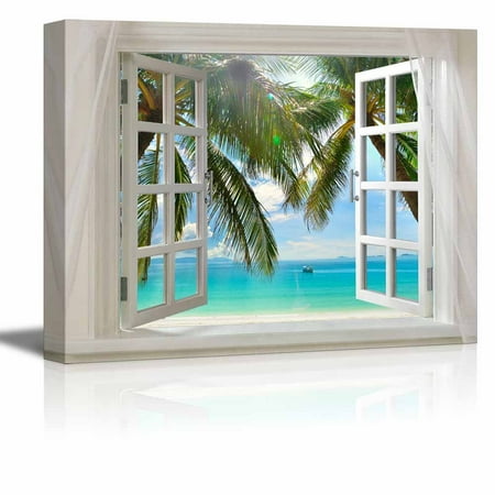 wall26 -Glimpse into Beautiful Tropical Beach with Palm Tree Out of Open Window | Modern Wall Decor/Home Decoration Stretched Gallery Canvas Wrap Giclee Print & Ready to Hang - 36