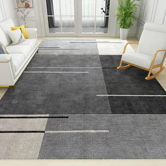 Modern Gray White Black Geometry Area Rug, Minimalist Lines Blocks Indoor Non Slip Large Area Rugs, Machine Washable Durable Carpet For Living Room Bedroom Dining Room Office 5x6ft