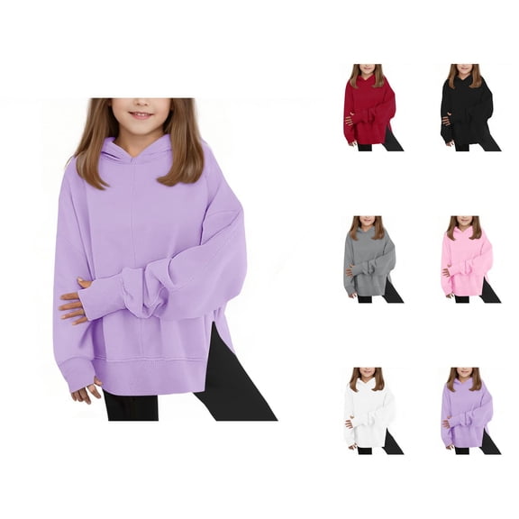 Girl's Oversized Hoodies Plain Long Sleeve Casual Side Slit Thumb Hole Hooded Sweatshirt Pullover Tops