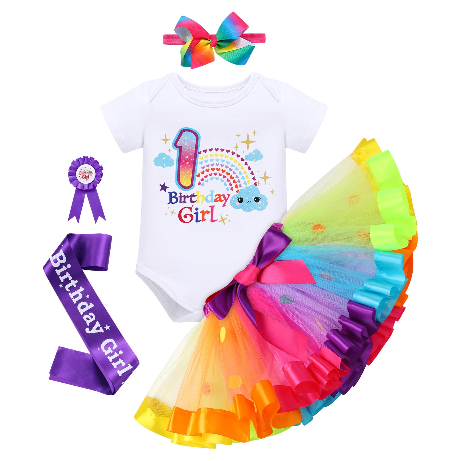 IBTOM CASTLE Toddler Baby Girl Unicorn 1st 2nd 3rd Birthday Outfit Romper + Rainbow Tutu Skirt + Headband + Sash + Badge 5PCS Princess Dress up Clothes Set for Cake Smash Photo Shoot