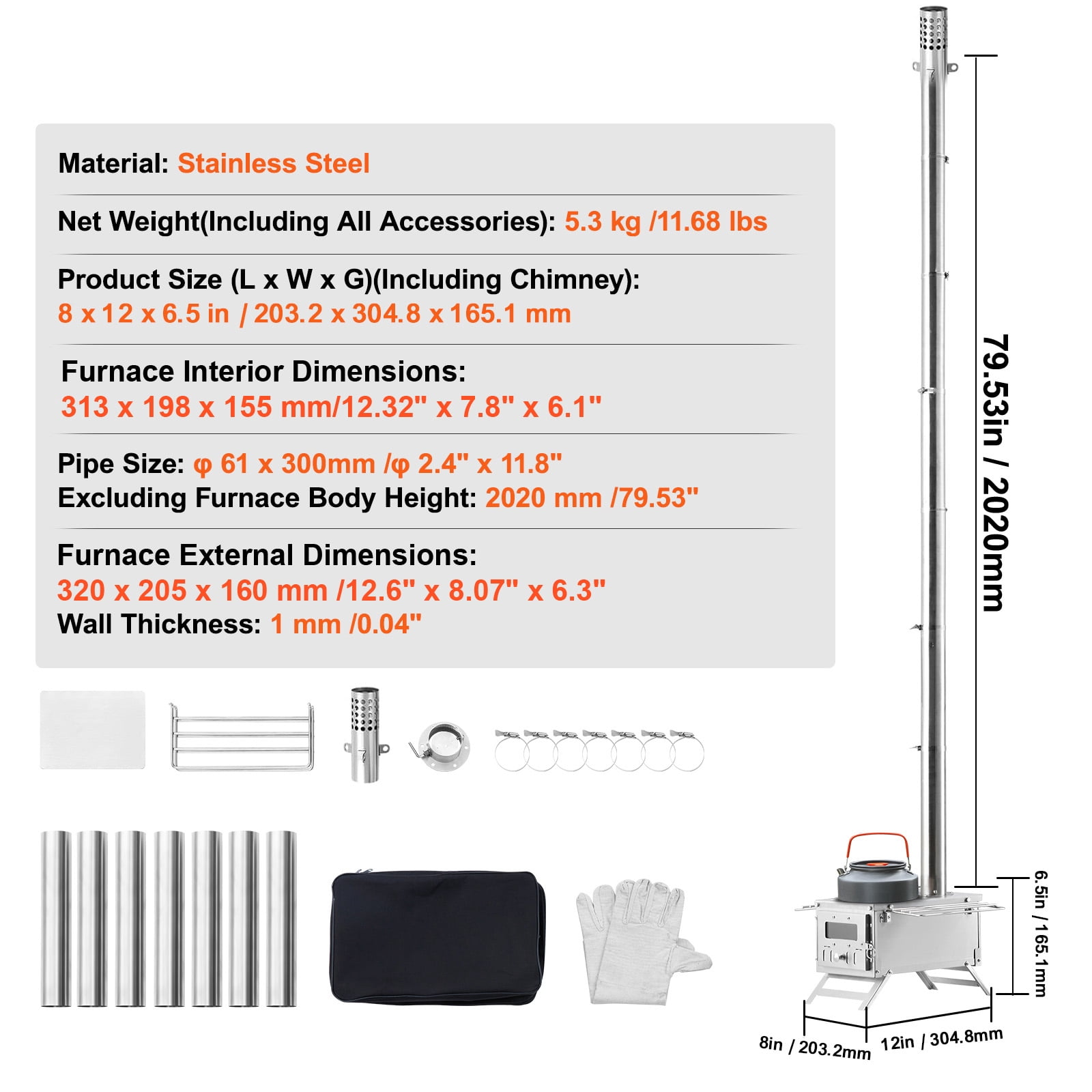 VEVOR Wood Stove, 80 inch, Stainless Steel Camping Tent Stove, Portable Wood Burning Stove with Chimney Pipes & Gloves, 700in³Firebox Hot Tent Stove for Outdoor Cooking and Heating with 8 Pipes