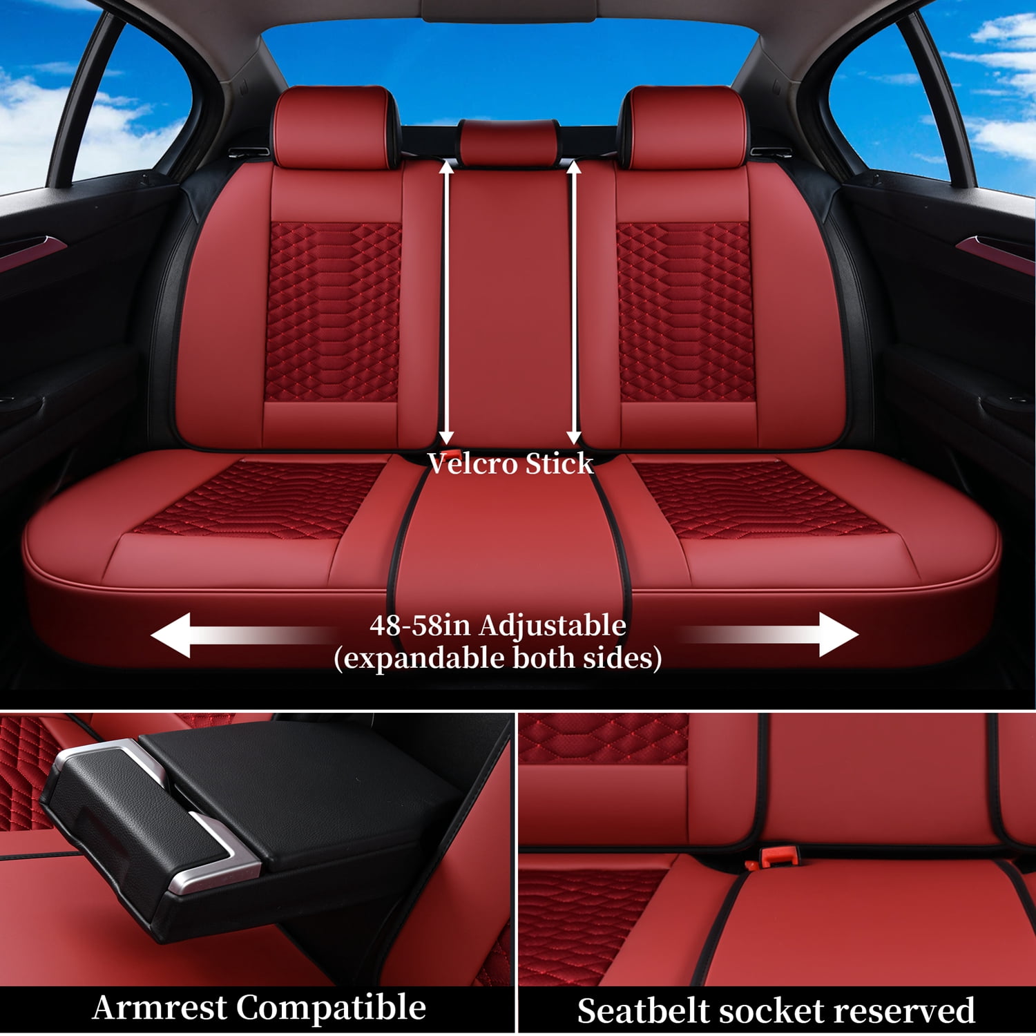 Coverado Red Car Seat Covers Full Set, 5 Seats Leather&Fabric Front and Back Auto Protectors, Breathable Interior Cushions Universal Fit Most Sedans SUV Pickup Trucks