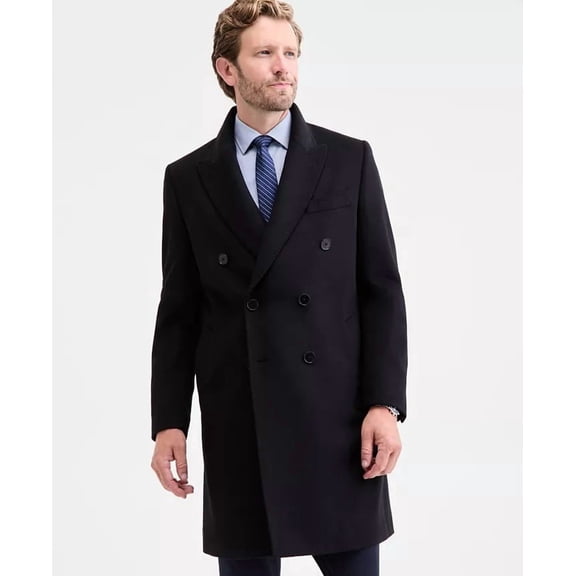 Calvin Klein Mens Classic-Fit Wool Double Breasted Overcoat Coat 42L Black