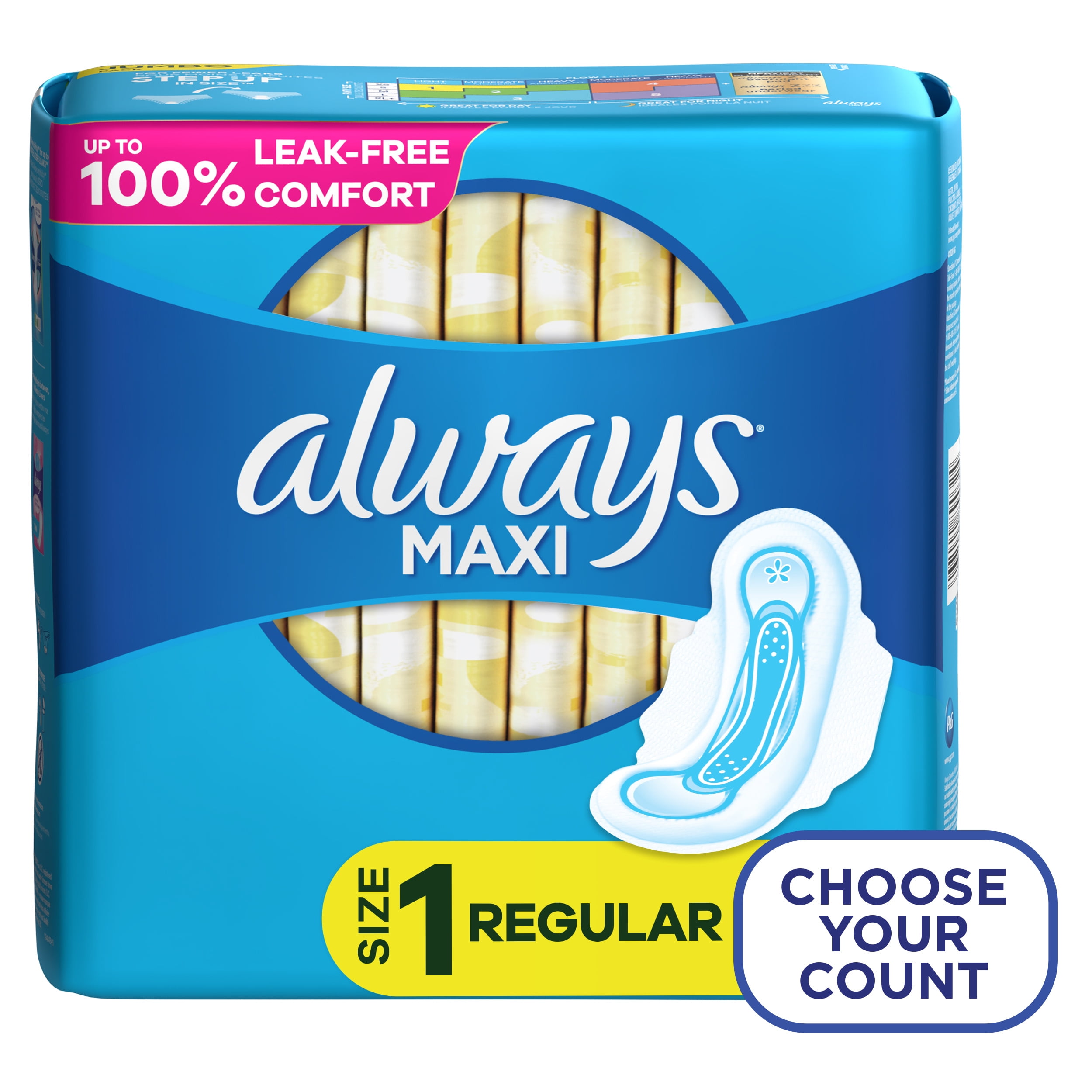 Always Maxi Daytime Pads with Wings, Size 1, Regular, Unscented, 45
