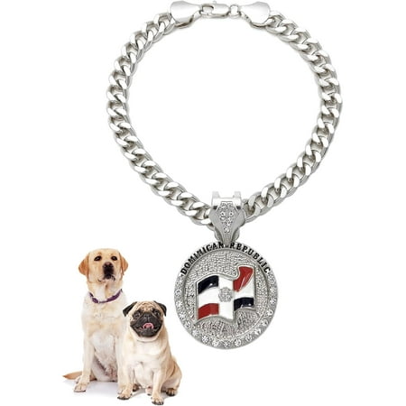 Icemond Rhinestone Studded Dominican Republic Flag Pendant 18 /26  Cuban Chain Fashion Costume Jewelry Necklace for Dogs in Gold or Rhodium Tone