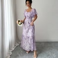 thumbnail image 5 of Womens Summer Dresses, Floral Chiffon Long Maxi Dress, Square Neck Puff Sleeve Ruched Waist Flowy Dress Purple XL, 5 of 6
