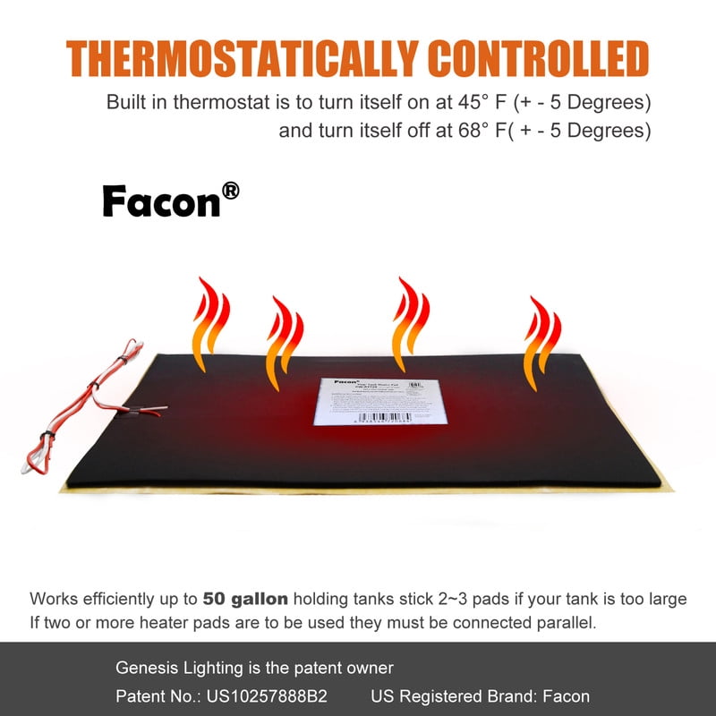 Facon 7-1/4" x 25" 12V RV Tank Heater Pad with Automatic Thermostat, QAI Certified, Prevents Freezing for Fresh, Grey, Black Water Tanks, Up to 50 Gallons,2pack