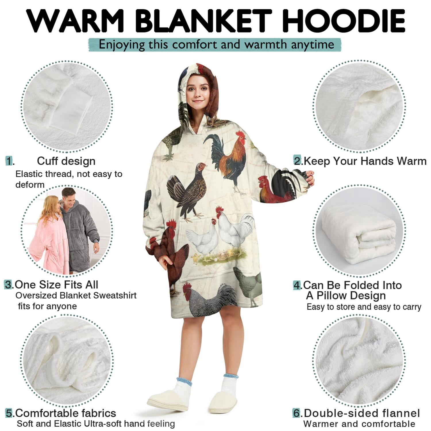 Wearable Oversized Blanket,Beige Chicken Breed Pattern Wearable Blanket Hoodie for Adults,Cozy Hooded Blankets with Super Pockets,Super Warm Fuzzy Pullover for Women & Men