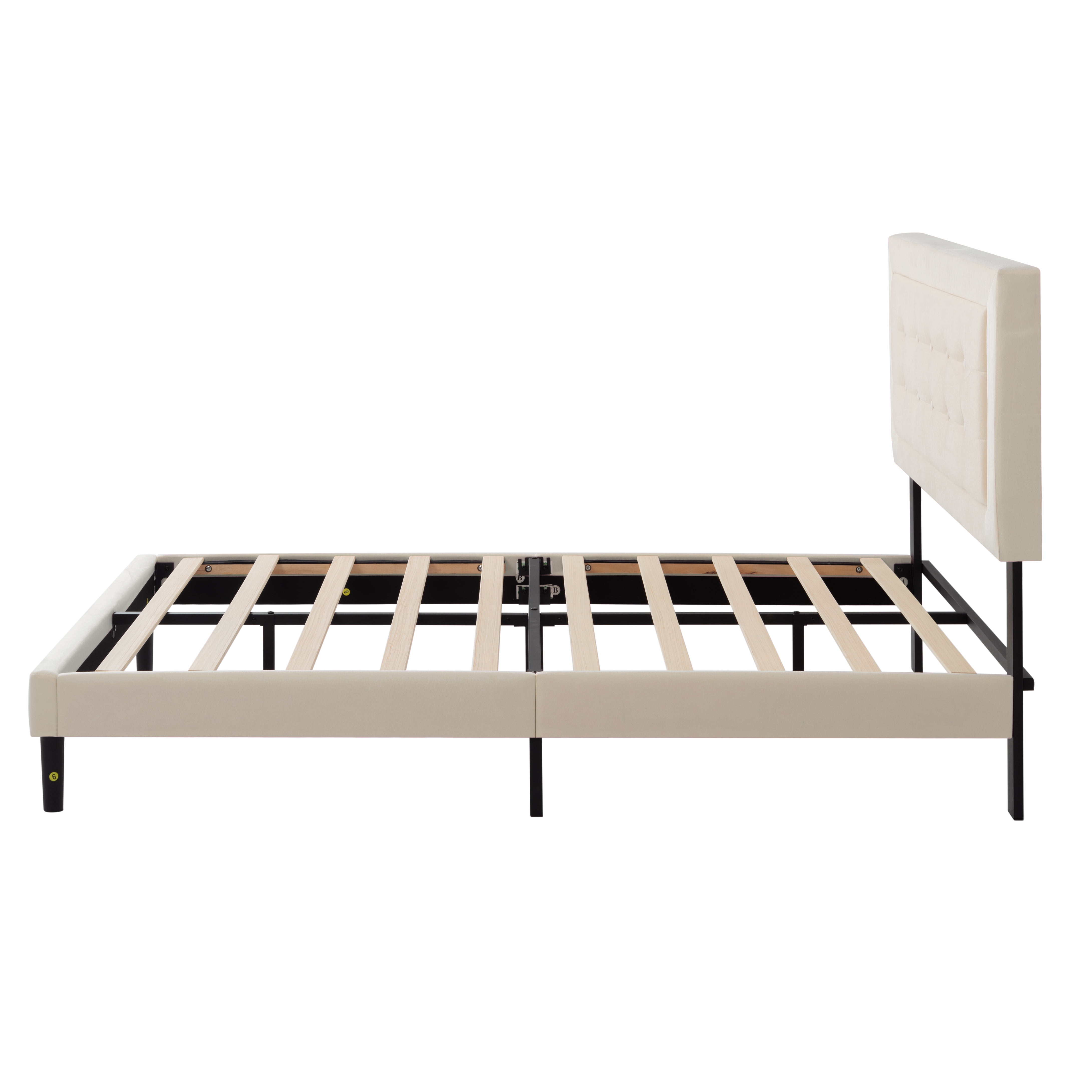 Full‑Size Beige Upholstered Platform Bed Frame, Soft Headboard with Solid Wood Slat Support, Sturdy Bedroom Bed Base