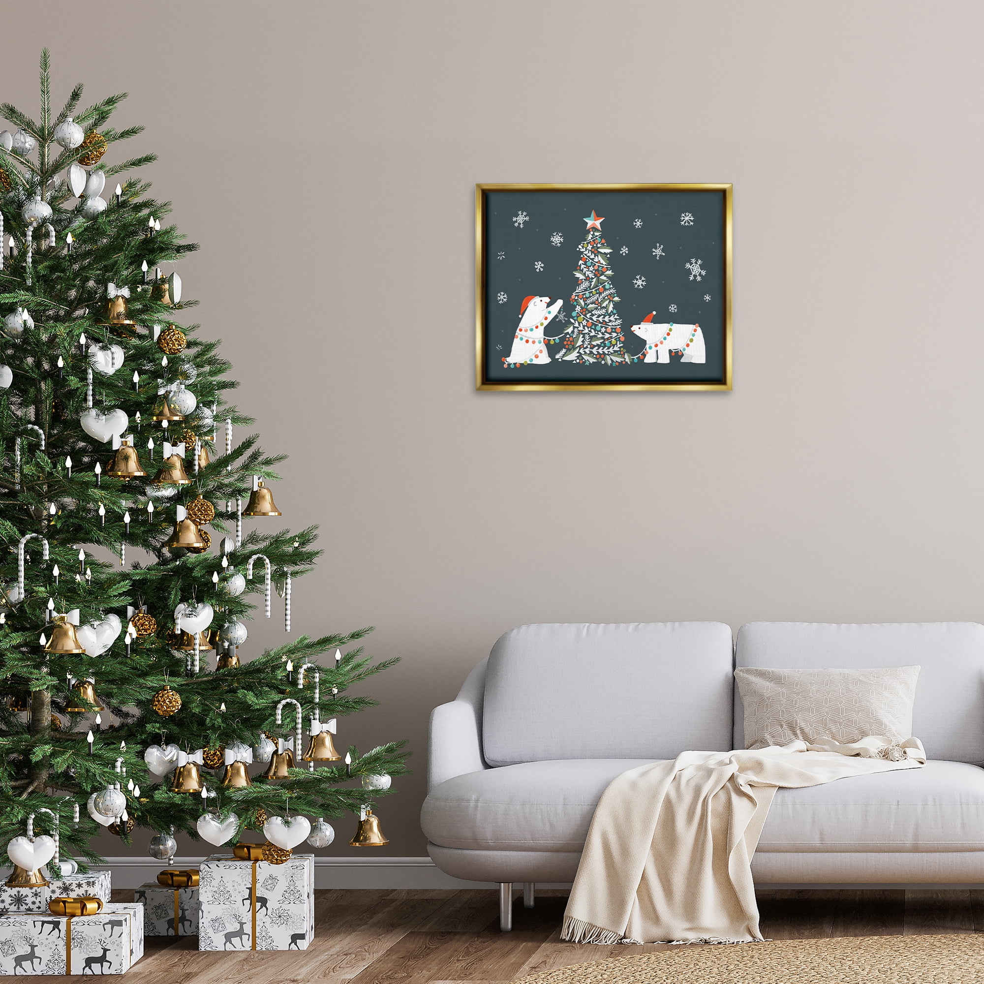 Stupell Industries Polar Bears with Christmas Tree Holiday Painting Gold Floater Framed Canvas Art Prints Wall Art, 31 x 25