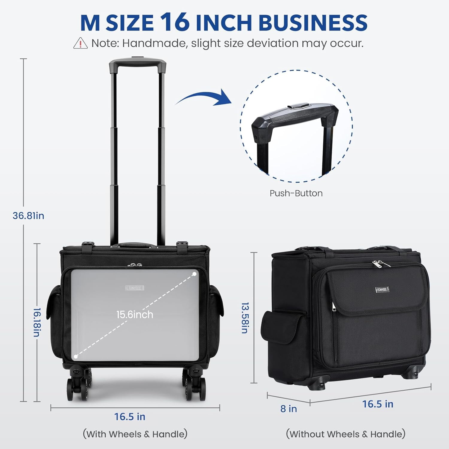 Rolling Laptop Bag 15.6 Inch (M Size) Rolling Laptop Briefcase on Wheels Computer Bag Laptop Case for Work Travel Business Men Women, Black