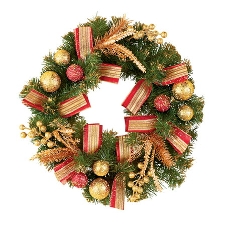 Evergreen Holiday Glitter Wreath with Red & Gold Ornaments, Holly, and Ribbons - Seasonal Home Decoration for