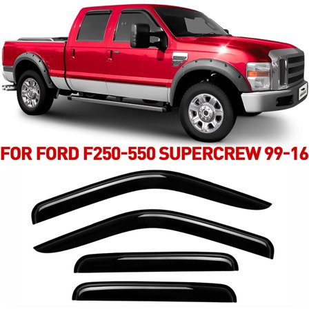 Voron Glass Tape-on Extra Durable Rain Guards for Ford F250-F550 Super Duty 1999-2016 SuperCrew, Window Deflectors, Vent Window Visors, 4 Pieces - 100935