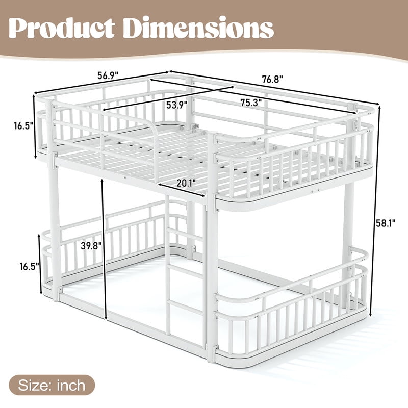 Full over Full Bunk Bed with Built-in Ladder & Safe Guardrails, Curved-Edge Sleek Metal Bed Frame with No Slat Floor Bed