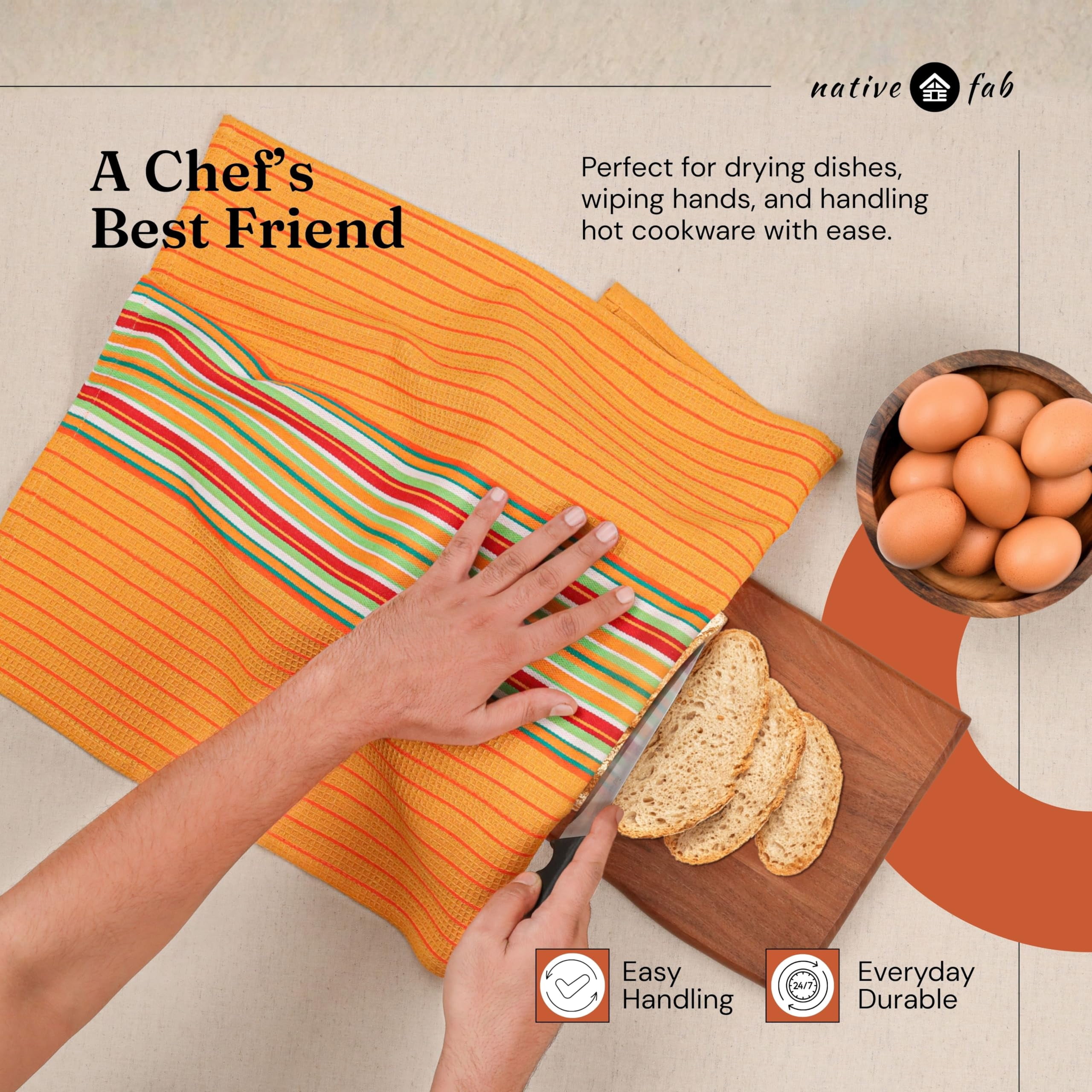 Native Fab Mexican Salsa Stripe Kitchen Towels, 8 Pack, 18x28 Inches, 100% Cotton, Highly Absorbent, Soft, Dish Towel for Drying Dishes, Everyday Kitchen Use, Reusable, Washable, Mustard Yellow