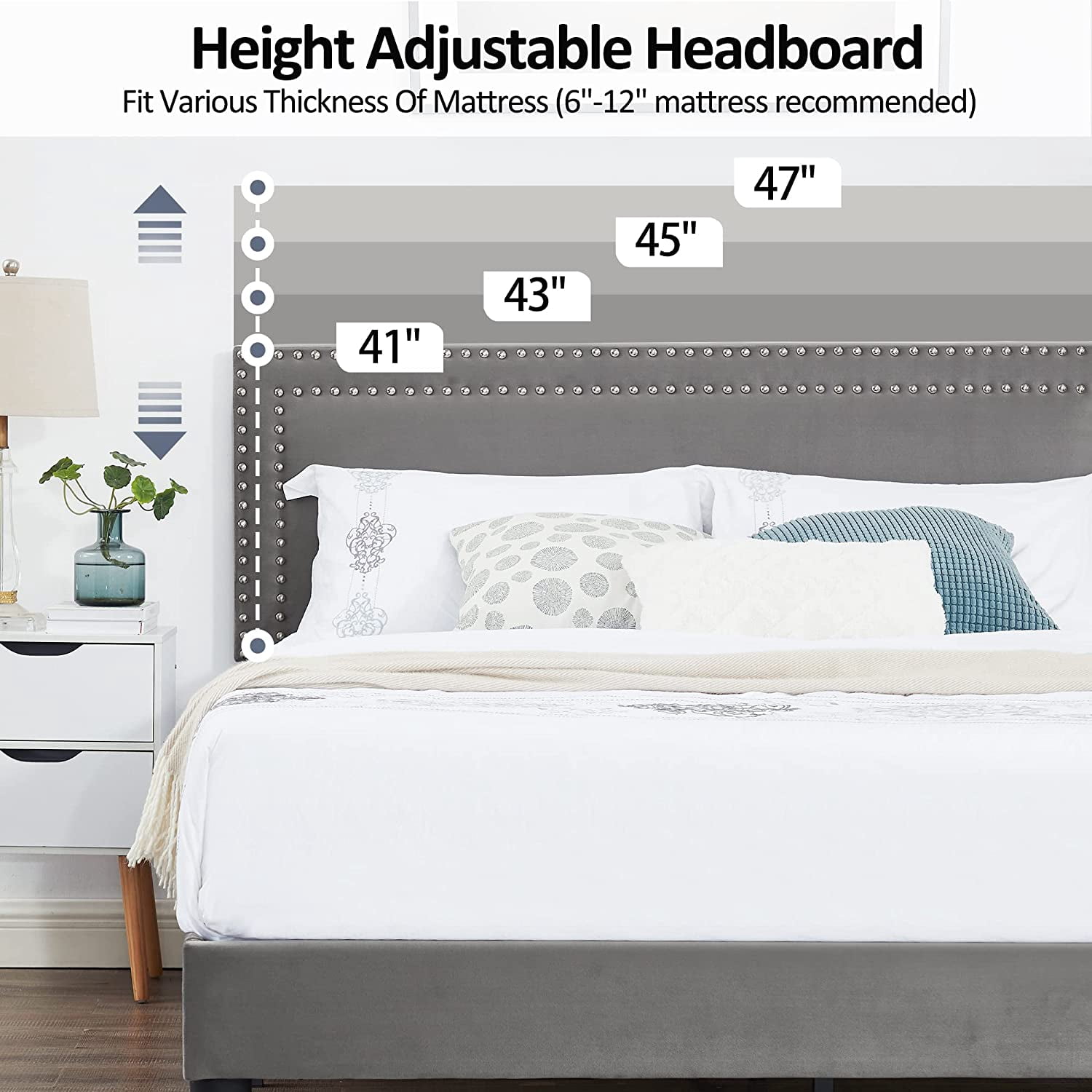 VECELO Queen Bed Frame, Upholstered Queen Size Platform Bed Frame with Adjustable Headboard, Strong Wood Slat Support, No Box Spring Needed, Dark Gray