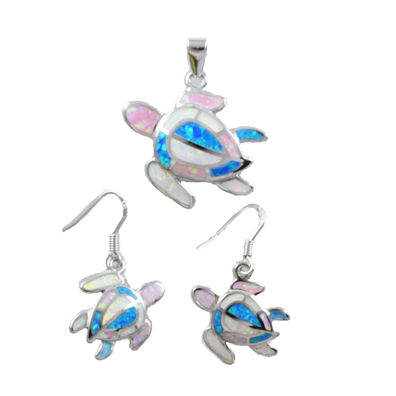Unique Gorgeous Hawaiian Tri-color Opal Sea Turtle Earring and Necklace, Sterling Silver Blue White Pink Opal Turtle Pendant, N8367S