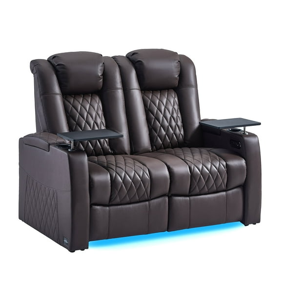 comfiroom Home Theater Seating Seats Classic Series Top Grain Nappa Leather Loveseat Recliner Chair Dual Power Movie Gaming Sofa Electric Headrest with Tray Table (Brown, Row of 2 Loveseat)