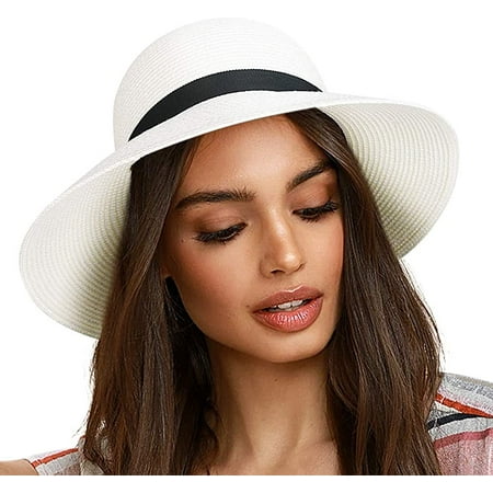 Women's Wide Brim Straw Hat - Foldable Travel Sun Hat For Beach, Garden & Summer Activities (Black)