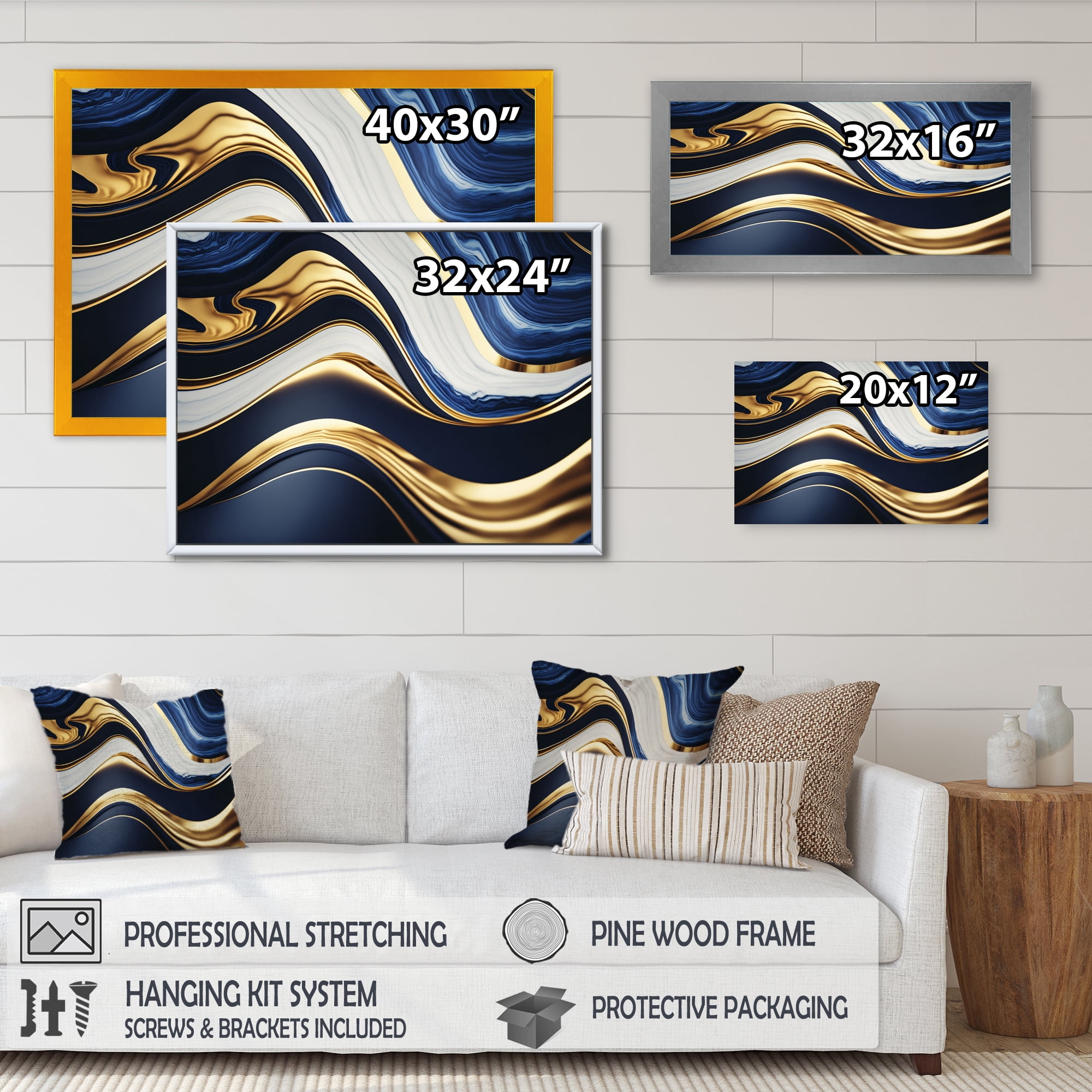 Designart Abstract Geode Waves Blue And Gold V Canvas Wall Art