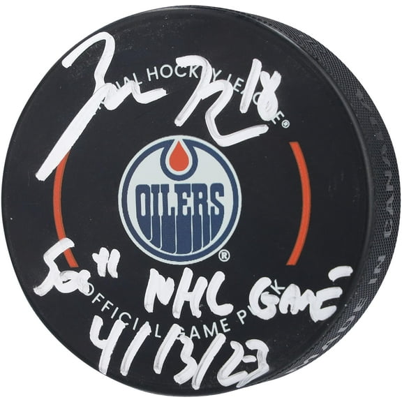 Zach Hyman Edmonton Oilers Autographed Official Game Puck with "500th NHL Game 4-13-23" Inscription - Fanatics Authentic Certified