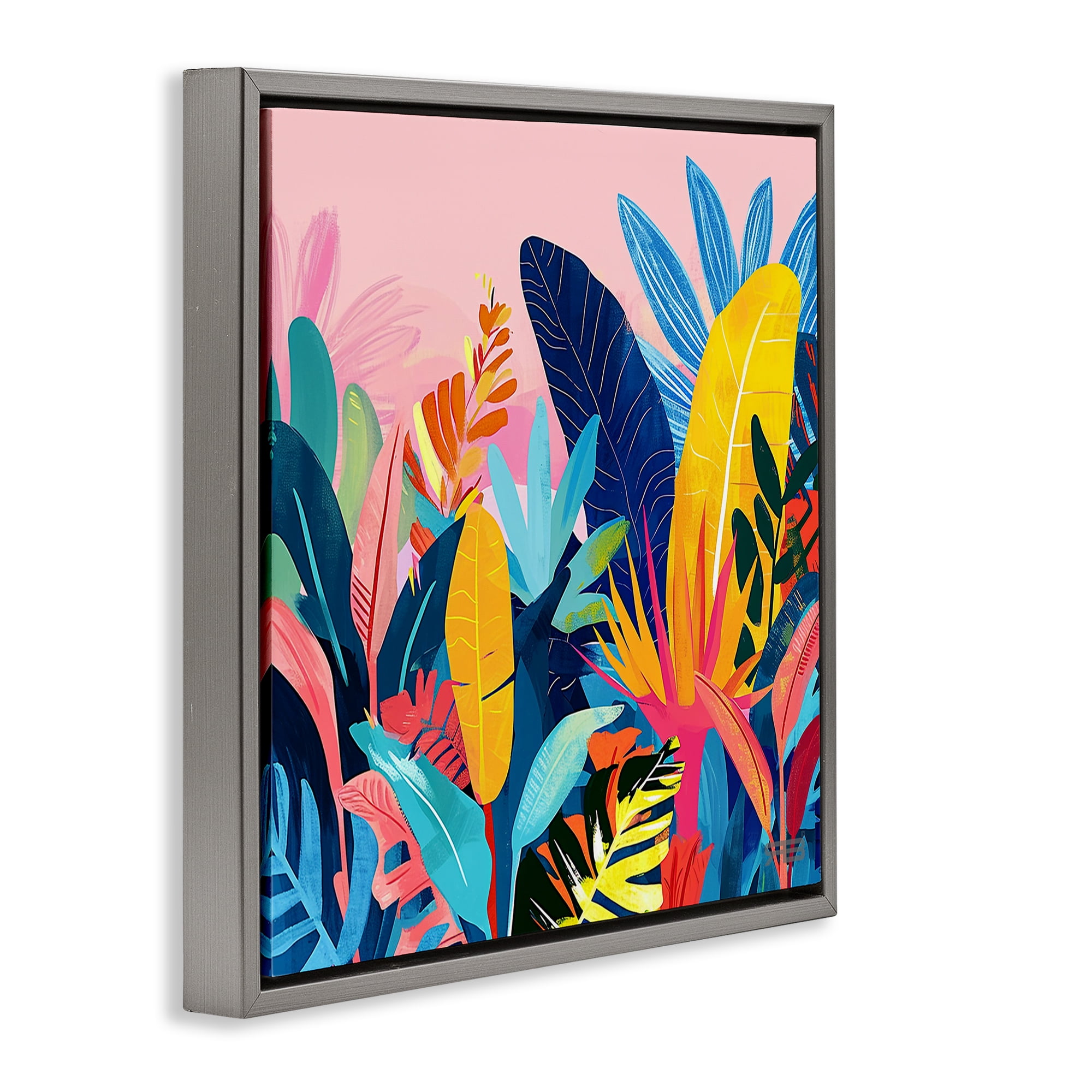 Stupell Industries Bold Tropical Jungle Leaves Botanical & Floral Painting Gray Floater Framed Canvas Art Print Wall Art, 25 x 25