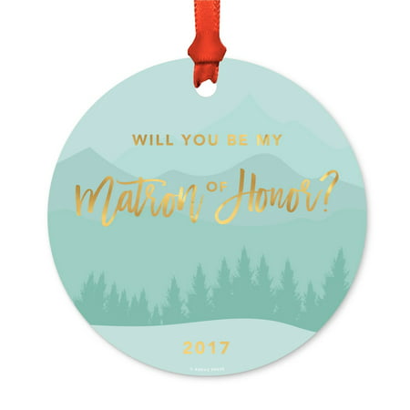 Metal Christmas Ornament, Will You Be My Matron of Honor?, Winter Wonderland Forest, Includes Ribbon and Gift Bag