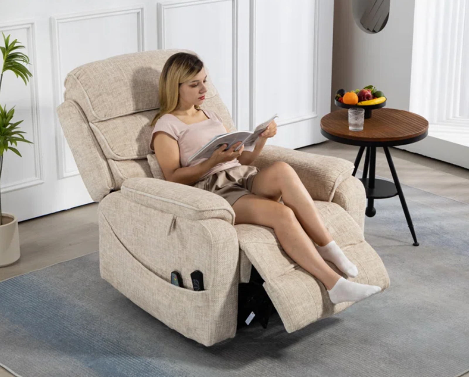 LITVZ Large Lift Chairs Recliner for Elderly, Infinite Position Dual Motor Power Lay Flat, Stand Up Recliner Lift Chair with Massage and Heat, Lumbar Pillow, Wireless Charging & Cup Holder