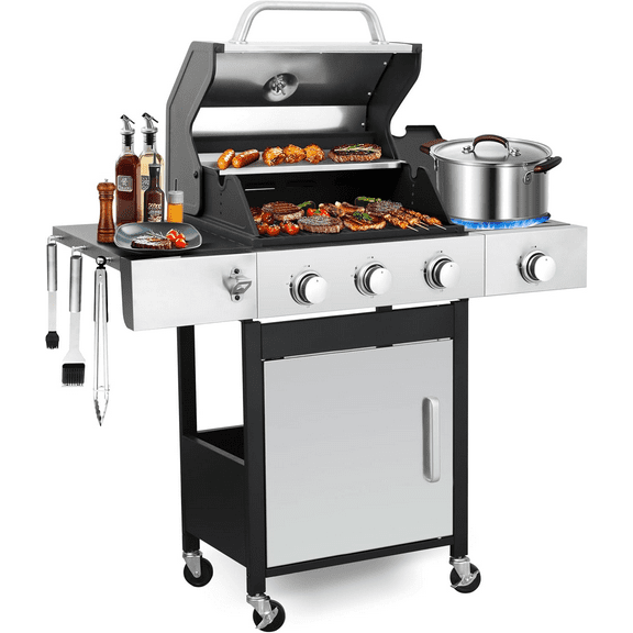 Gas Grill w/ Side Burner, 3-Burner Propane Grill Outdoor Barbecue, Powerful 37230BTU, 2 Cooking Area, Camping Picnic Grill on Wheels