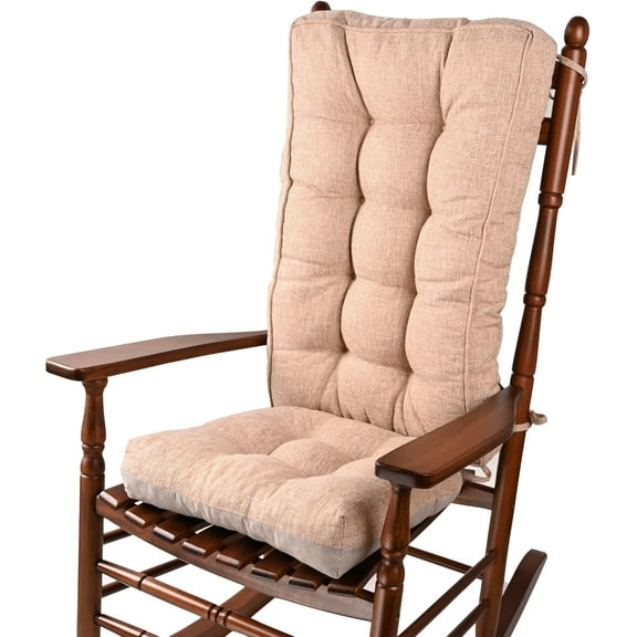 18 in Jumbo Rocking Chair Cushions with Ties,Non-Slip Durable Linen Pads Thick Padding and Tufted Design for Living Room Rocker (Dark Beige, Set of Seat & Back Cushion)